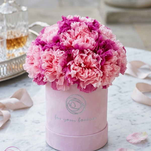 Rose Belle Box DeLux sametový s karafiáty
